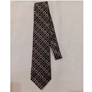 Murano Mens Silk Tie Black Bronze Silver Geometric Square Pattern Made in USA